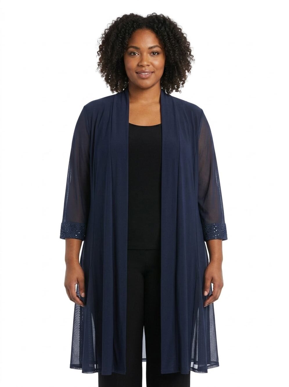 R&M Richards Blue Sheer Sleeve Lace Cuff Duster Jacket Women Plus Size 18W